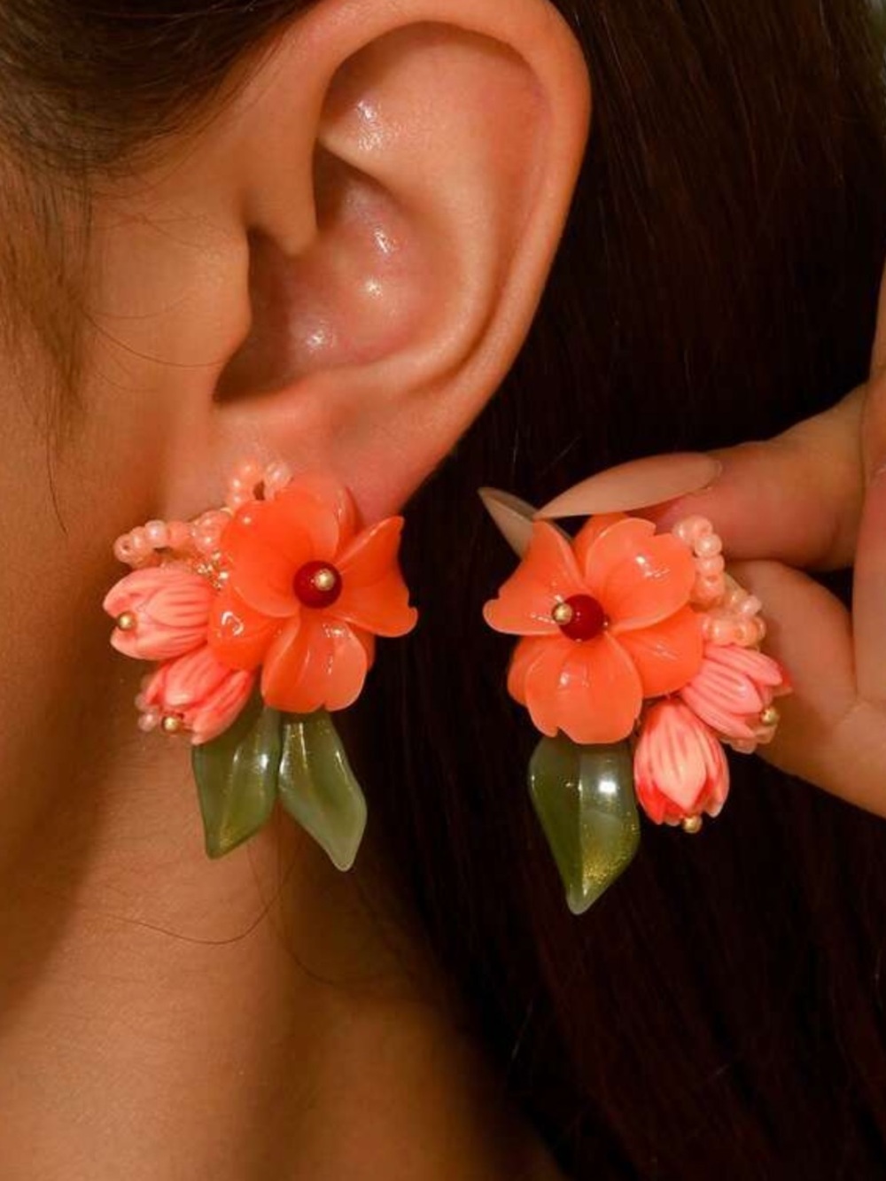 Coral Floral Cluster Statement Earrings